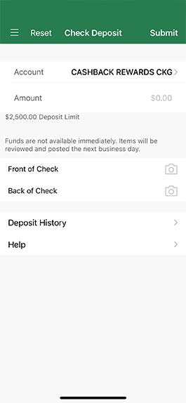 The C·U·D mobile app check deposit screen