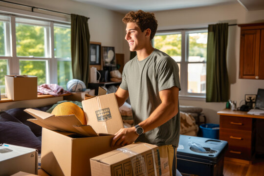 male college grad packing things to move