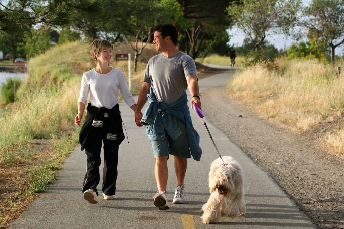 Couple walking their dog