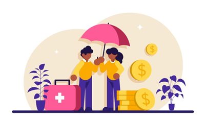 cartoon people under an umbrella with coins