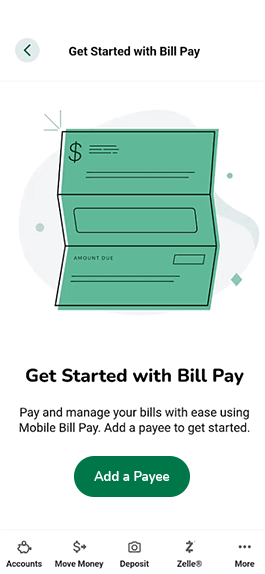 Bill Pay menu shown on digital banking app.