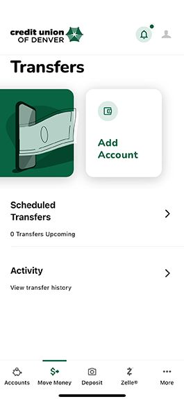 Transfers menu shown on digital banking app.