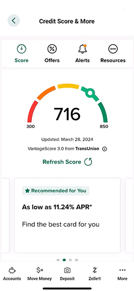 Credit Score and More shown on digital banking app.