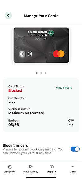 Card lock shown on digital banking app.